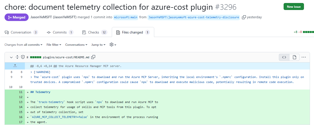 The merged pull request that adds a Telemetry section to the azure-cost README, with the setting to opt out