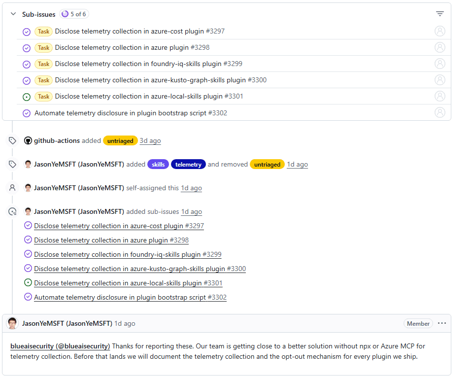 Microsoft's reply on the GitHub issue, with six sub-issues to document telemetry in five plugins and automate it